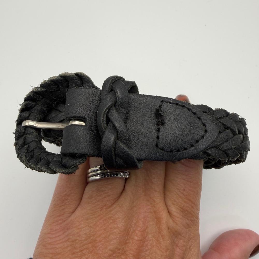 vintage Black Braided Genuine Leather Belt Women S-M Adjustable Silver Buckle